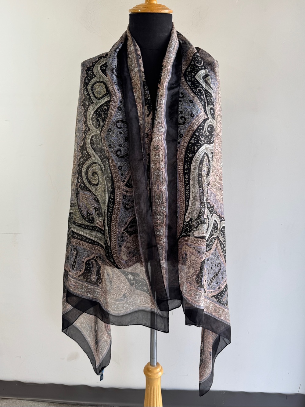Antibes Blanc 100% Silk Paisley Scarf Black Beige Boho Luxury Wrap Shawl Resort